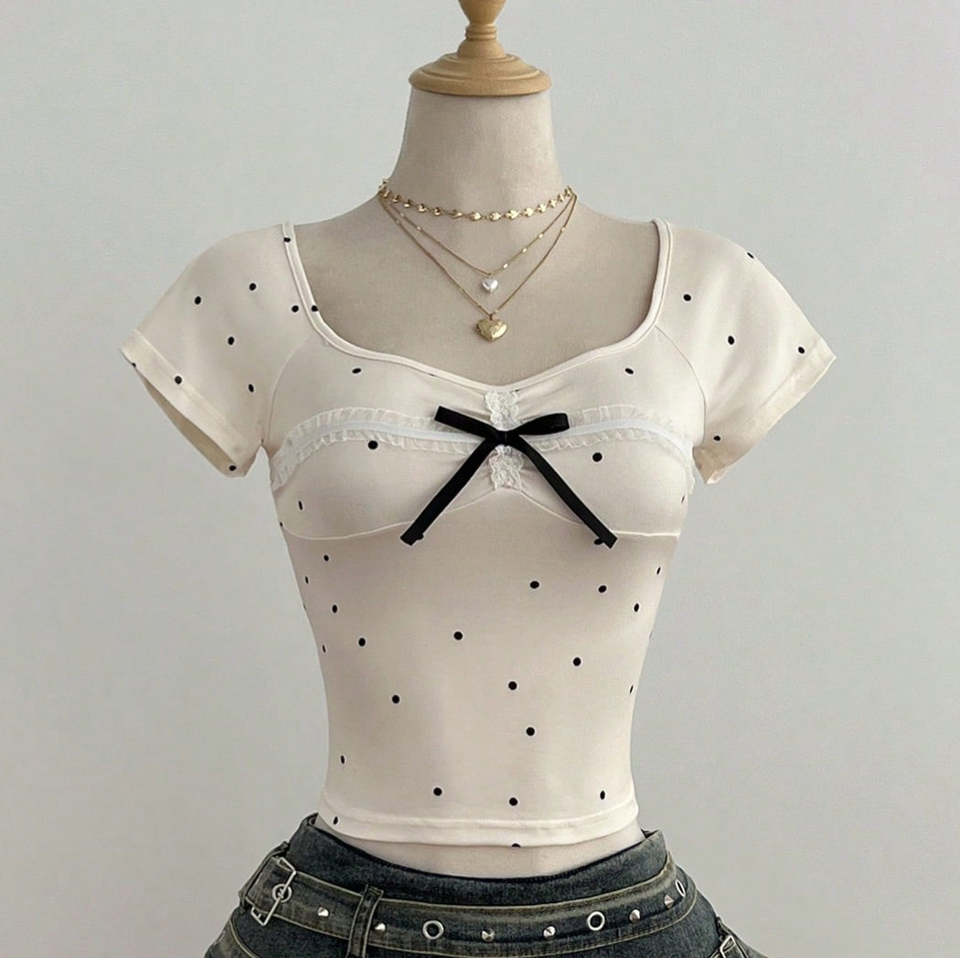 Summer Womens Short Sleeve T Shirt Polka Dot Design Bow Detail Casual Style Ready to Ship Low MOQ