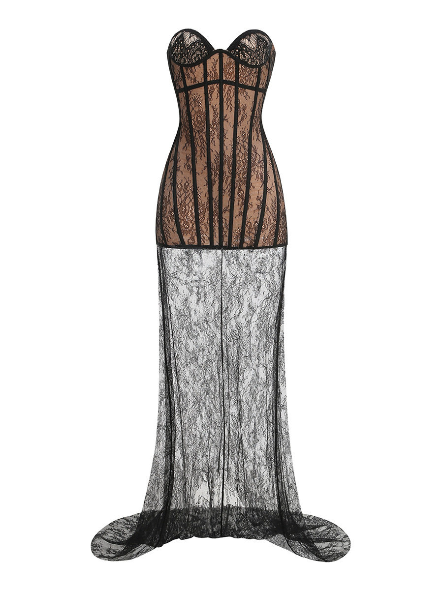 Cross-Border European and American Style Tube Top, Fishbone Waist, Lace Fishtail Skirt, Sexy See-Through Mesh Splicing, Detachable Two-Piece Set