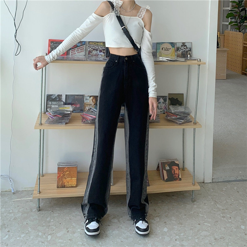 High Waisted Wide Leg Jeans for Women Vintage Design Color Block Loose Fit Spring Casual Wear Wholesale Available