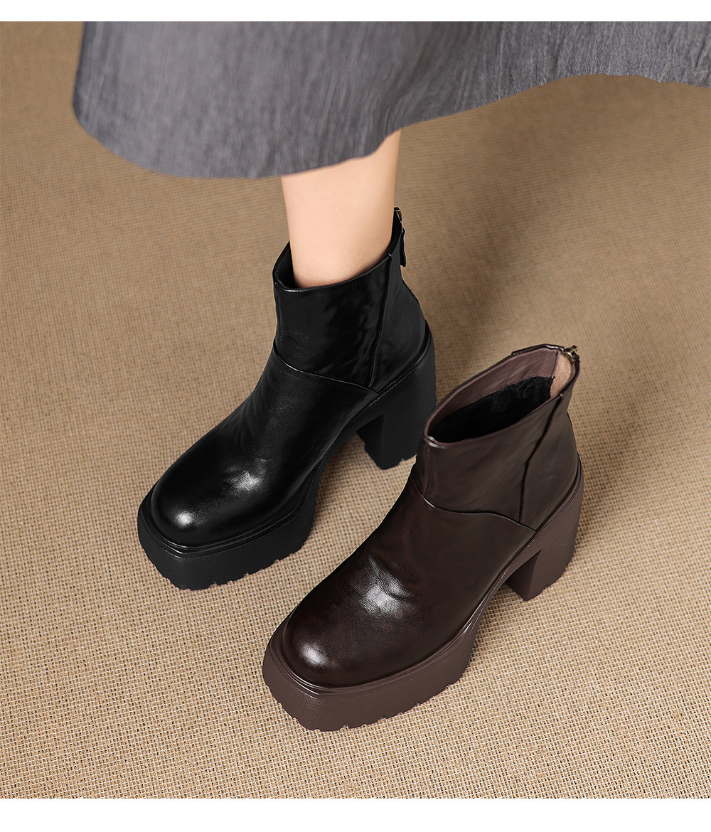 Boot Martin nữ gót thô 12cm đế platform tăng chiều cao, da bò thật — Lớp lót đơn màu đen, Lớp lót đơn màu nâu, Lót nhung đen, Lót nhung màu nâu