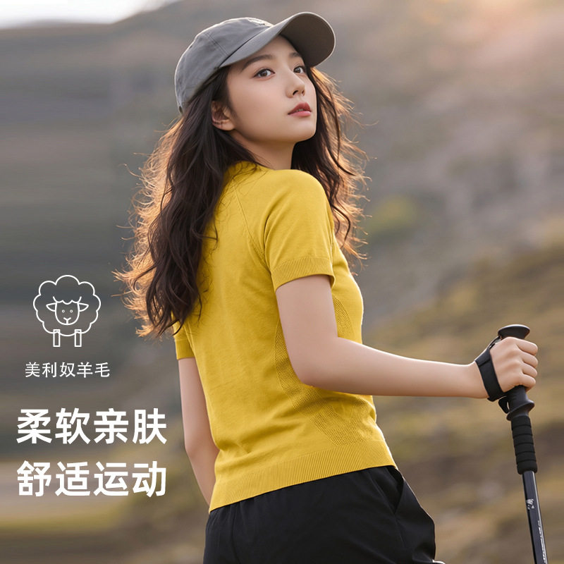 美利奴羊毛速干衣T恤户外徒步登山美丽诺运动吸湿排汗抗菌短袖女
