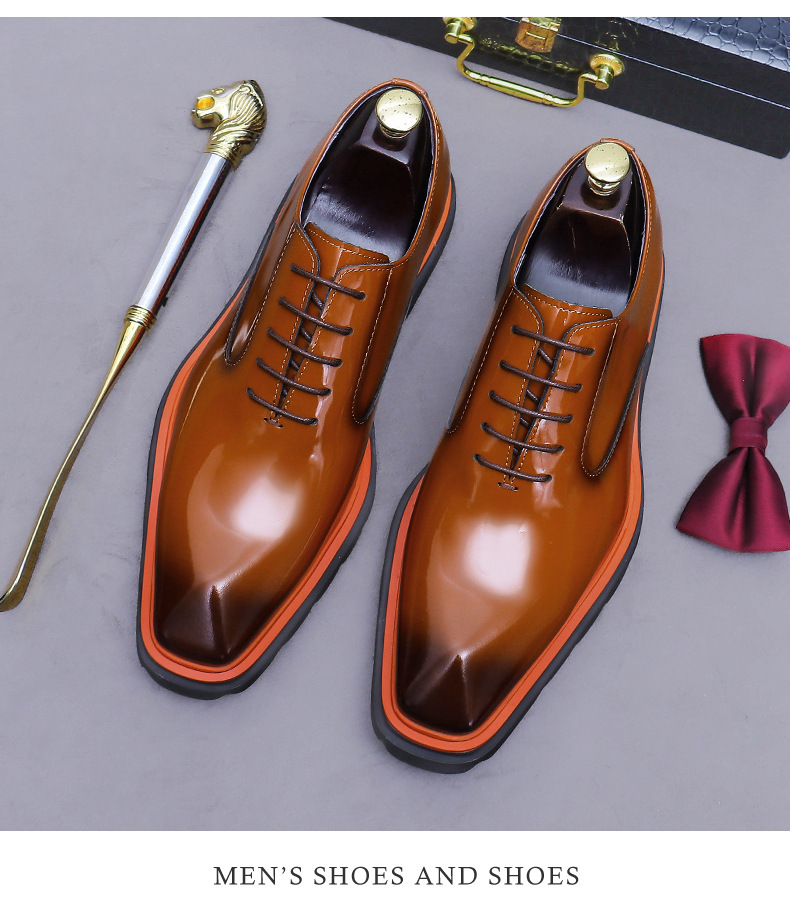 Giày Oxford nam da bò bóng cao cấp tăng chiều cao, giày tây công sở buộc dây — Màu nâu vàng, màu đen, Nâu chà màu