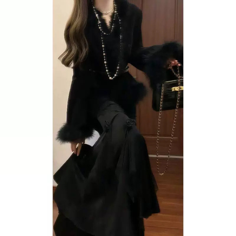 Luxurious Winter Fur Coat & Three-Dimensional Floral Velvet Fishtail Skirt Slim-Fit Two-Piece Set Trendy