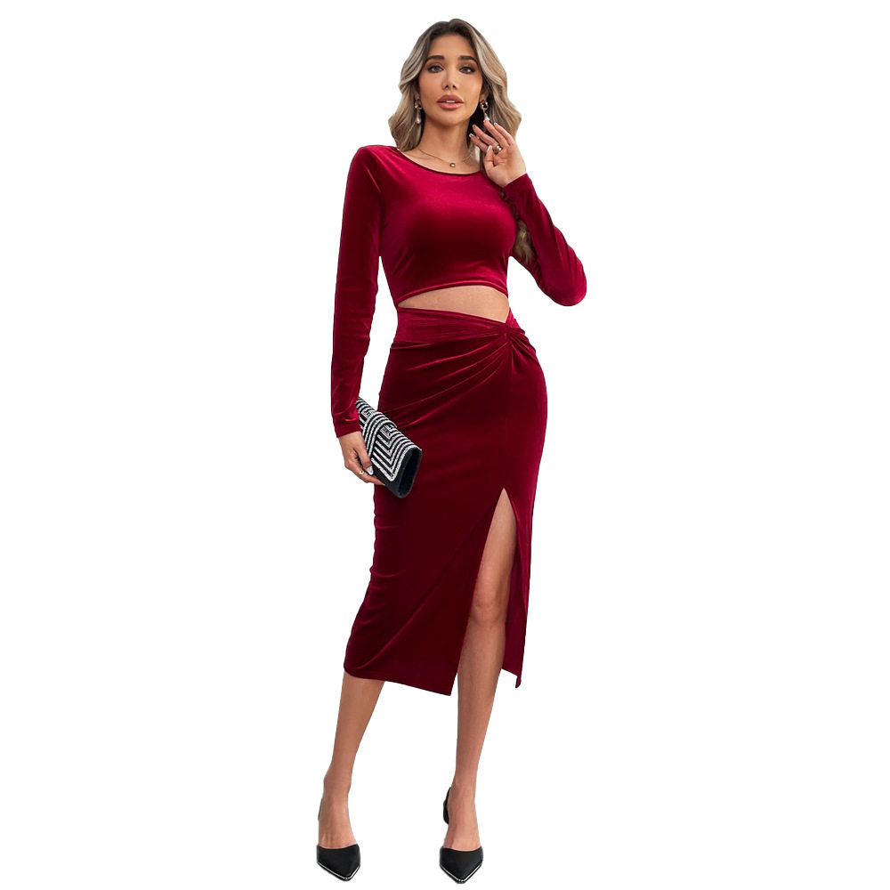 Velvet Bodycon Dress Sexy Hollow Out Split Design Long Sleeve Evening Party Wear Wholesale Available
