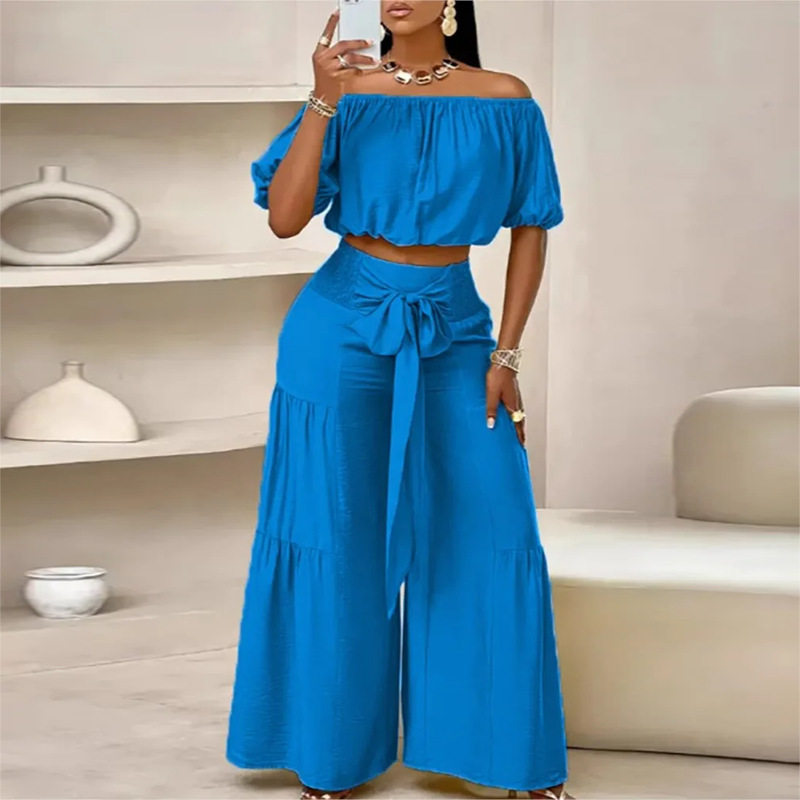 Womens Summer Outfit Set Fashionable Casual Style Solid Color Puff Sleeve Top Wide Leg Pants Wholesale Available