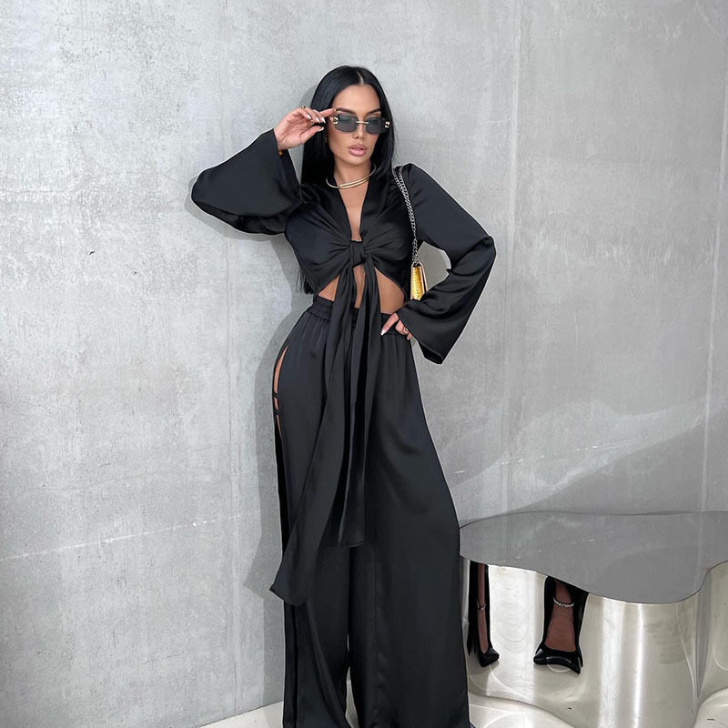 Fashionable Long Sleeve Tie Front Crop Top and Hollow Out Split Leg Pants Set Street Style Wholesale Available