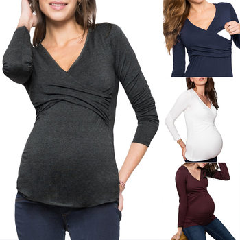 Amazon Independent Station Spring and Autumn Maternity Wear Deep V-Neck Long Sleeve Printed Cross Nursing Care T-Shirt