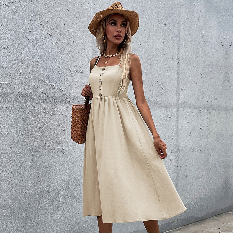 Summer Womens Casual Dress Slim Fit Solid Color Cotton Linen Blend Spaghetti Straps Perfect for Beach or Party