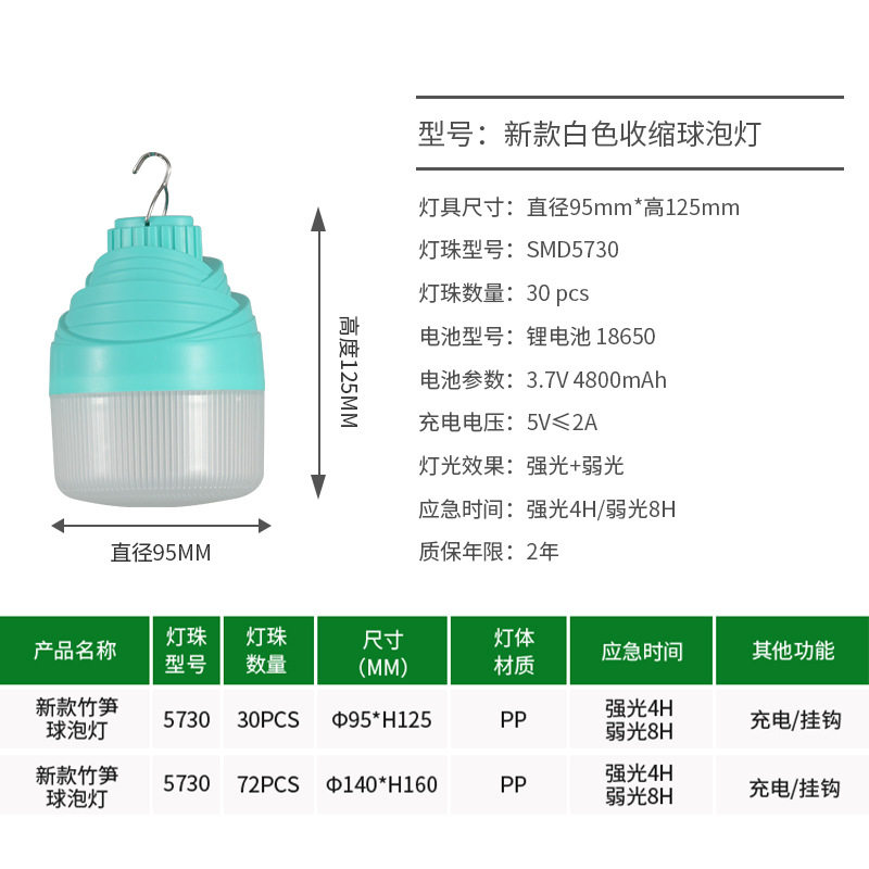 Led Household Rechargeable Bamboo Shoot Light Bulb, High Brightness, Energy-Saving Emergency Bulb, Outdoor Lighting, Night Market Stall Light