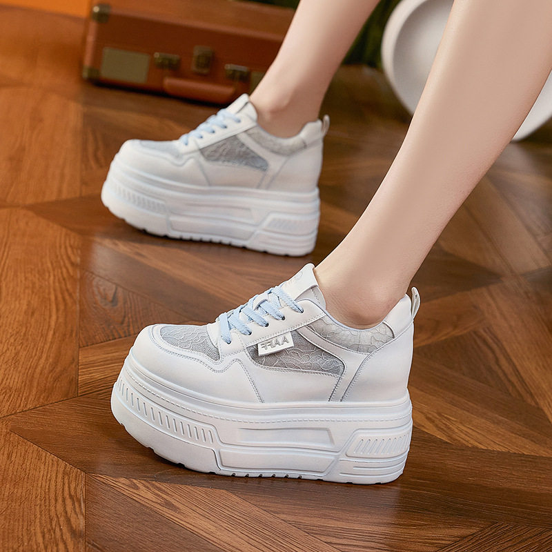 Giày platform nữ đế xuồng trắng thoáng khí, gót siêu cao 8 cm, mũi tròn, dây buộc phía trước — Xanh dương, Hồng, Xám, Trắng
