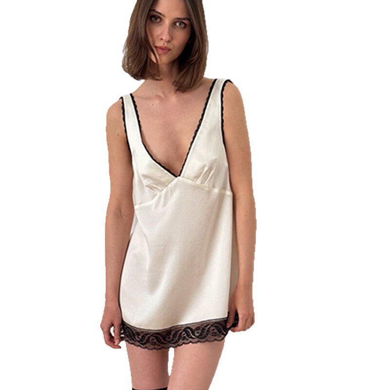 Loose Casual Fashion Womens Lace Trimmed V Neck Sleeveless Satin Home Dress Summer Short Skirt Wholesale Available