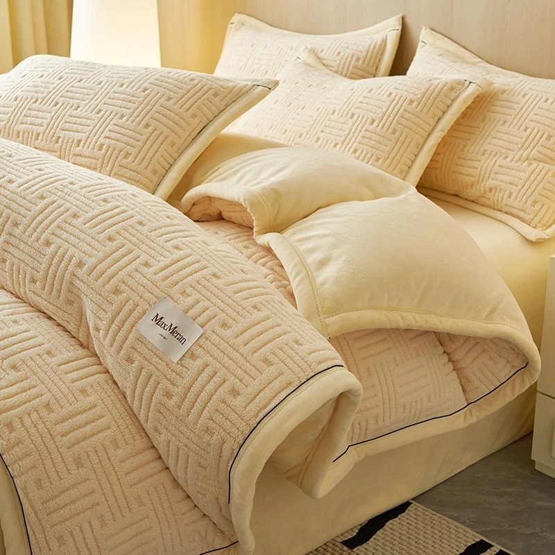 Thickened Autumn and Winter Accessible Luxury Taffeta Milk Velvet Bed Four-Piece Set Double-Sided Velvet Coral Velvet Quilt Cover Bed Sheets Quilt Cover Bed Bed Sheets