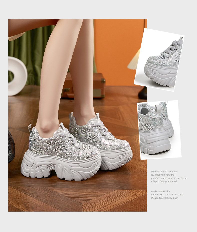 Giày cao gót nữ đế xuồng platform rhinestone lưới thoáng khí, gót siêu cao 8 cm — Bạc, Trắng, Đen chi tiết 3