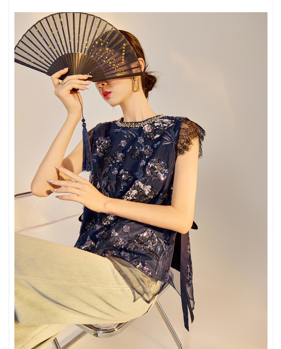Áo vest nữ thêu cườm đính đá cổ tròn phối hoa văn — Jiyue Blue (giao hàng trong 7 ngày), Jiyue Blue (phát hành cùng ngày)