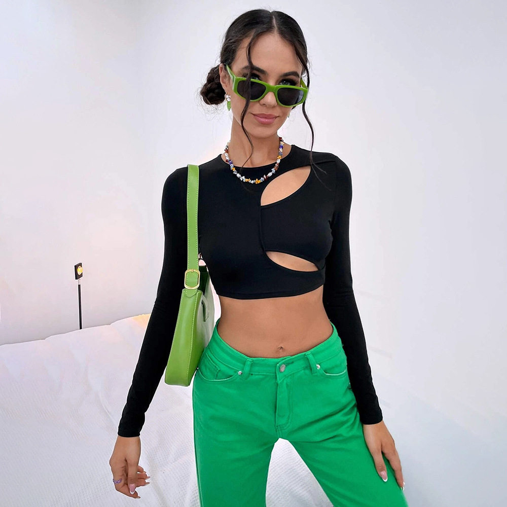 Womens Casual Hollow Out Slim Fit Crop Top Long Sleeve Street Style Trendy Design Perfect for Everyday Wear