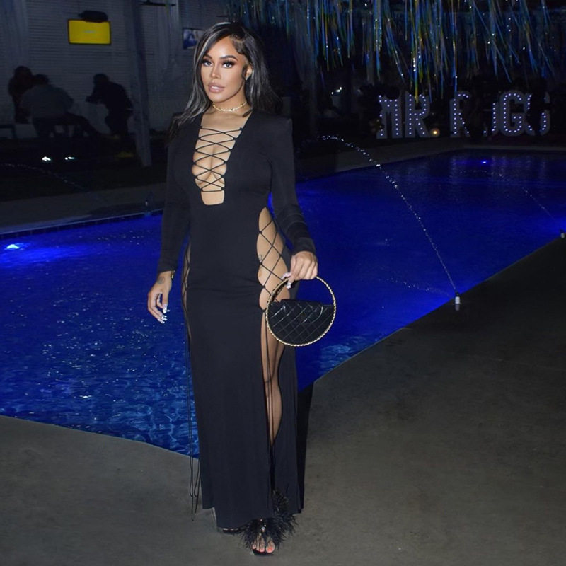 Elegant Long Sleeve Maxi Dress Deep V Neck High Slit Solid Color Slim Fit Spring Summer Fashion Wholesale