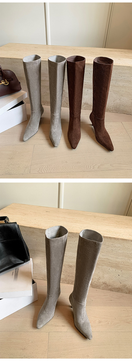 Boot nữ cổ cao mũi nhọn gót nhọn 6.5cm da lộn bò — Lớp lót đơn màu nâu, Lớp lót đơn màu xám, Lót nhung màu nâu, Lót nhung màu xám