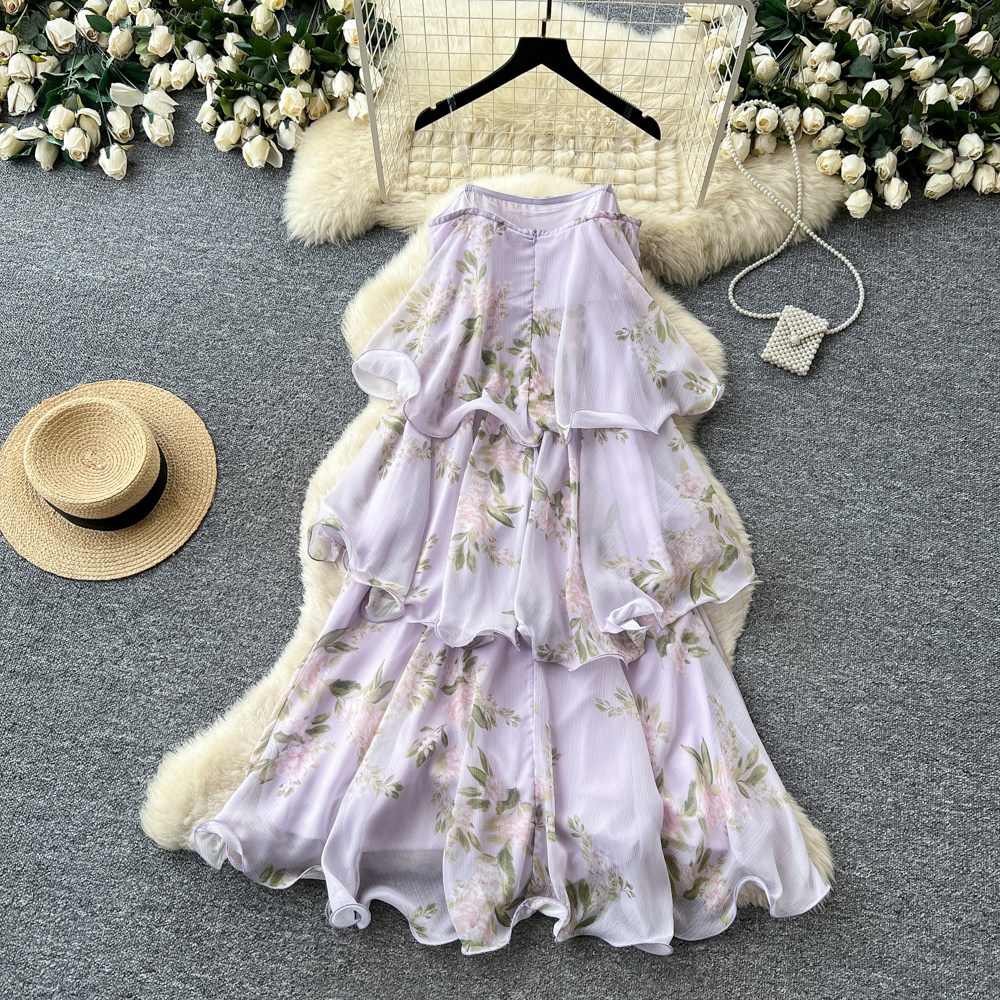 French Vacation Style Purple Floral Sleeveless Dress Ruffle Hem Flattering Fit Summer Elegance Wholesale Available
