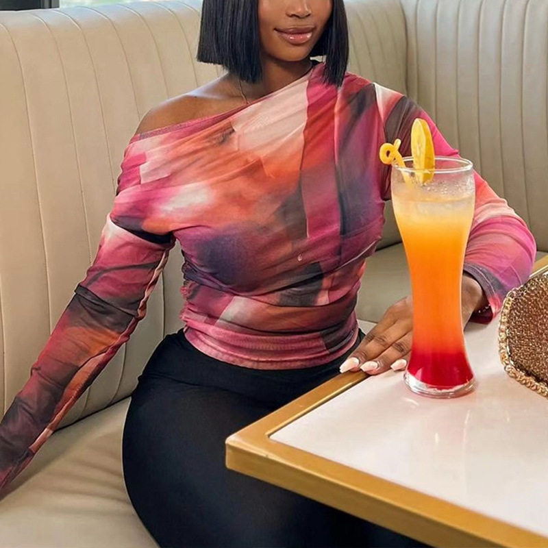 Fashionable Printed Long Sleeve Top Off Shoulder Design Versatile Street Style Womens Casual Wear Wholesale Available