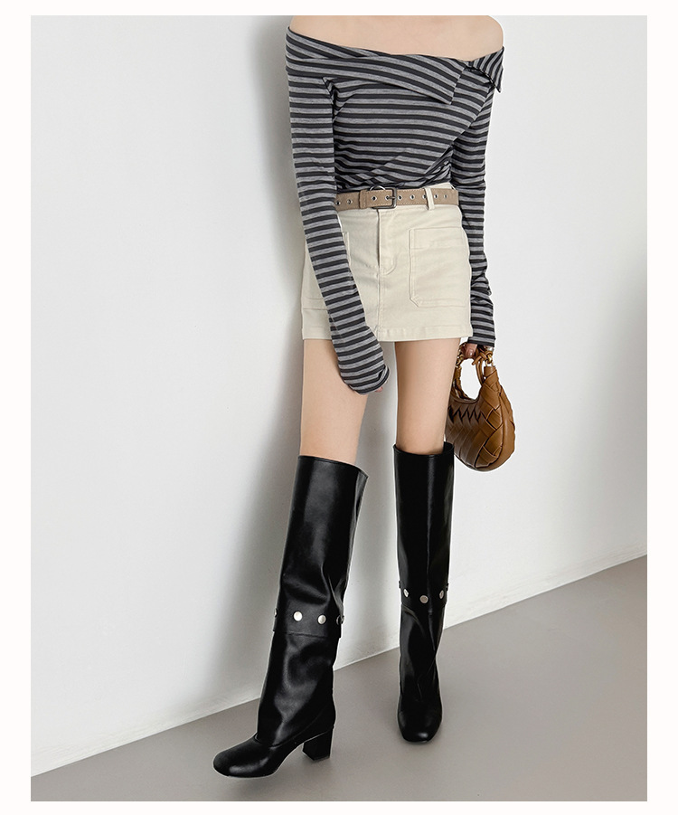 Boot nữ cổ cao gót vuông đính đinh tán, ống tháo rời hai kiểu mặc — Lớp lót đơn màu đen, Lớp lót đơn màu xám, Lớp lót nhung màu xám, nhung đen