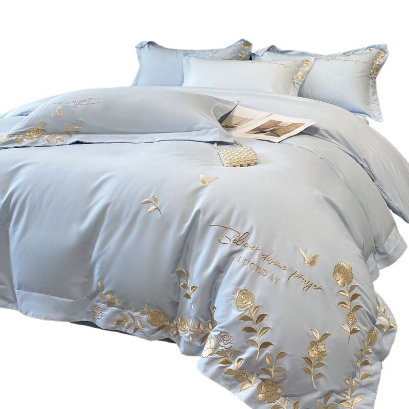 Light Luxury Style Washed Cotton Four-Piece Set, Simple Quilt Cover, Naked Sleeping Bed Sheetss, Three-Piece Set, Skin-Friendly Cotton Embroidered Bedding