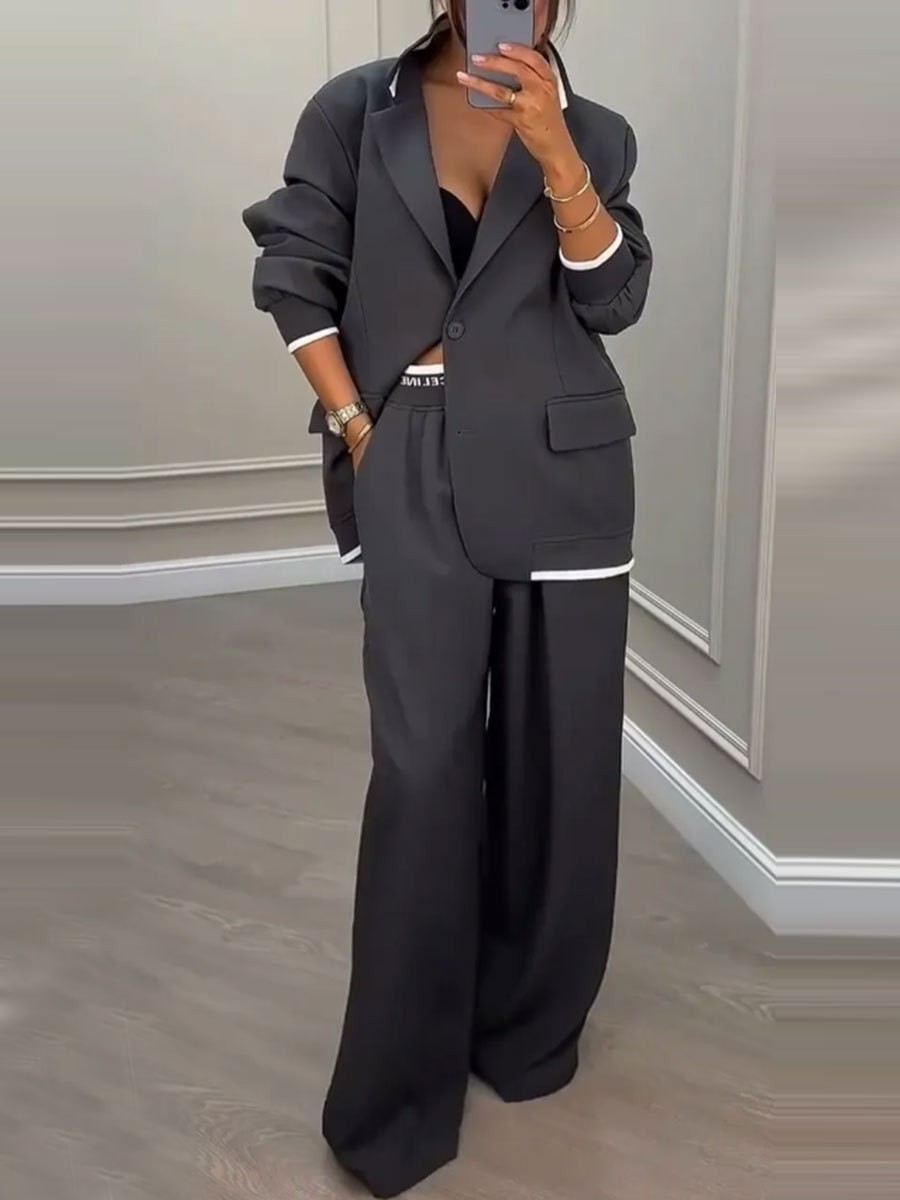 Womens Suit Set Elegant Long Sleeve Jacket Relaxed Wide Leg Pants Fall Winter Fashion Wholesale Available