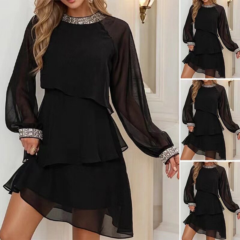 Elegant Long Sleeve Mesh Midi Dress Round Neck Autumn Winter Style Perfect for Parties Wholesale Available