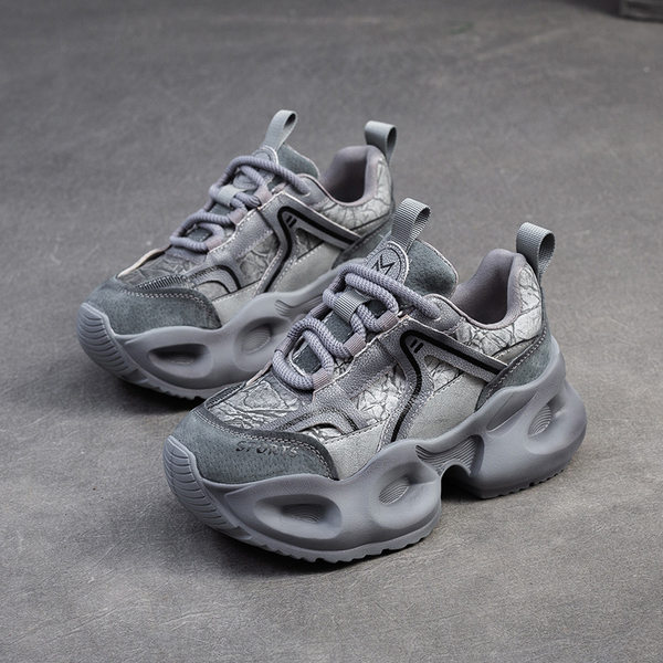 Giày Sneaker Nữ Đế Bánh Mì Phối Màu Phong Cách Retro Chiều Cao Đế Khoảng 5cm Màu Xám, Tím