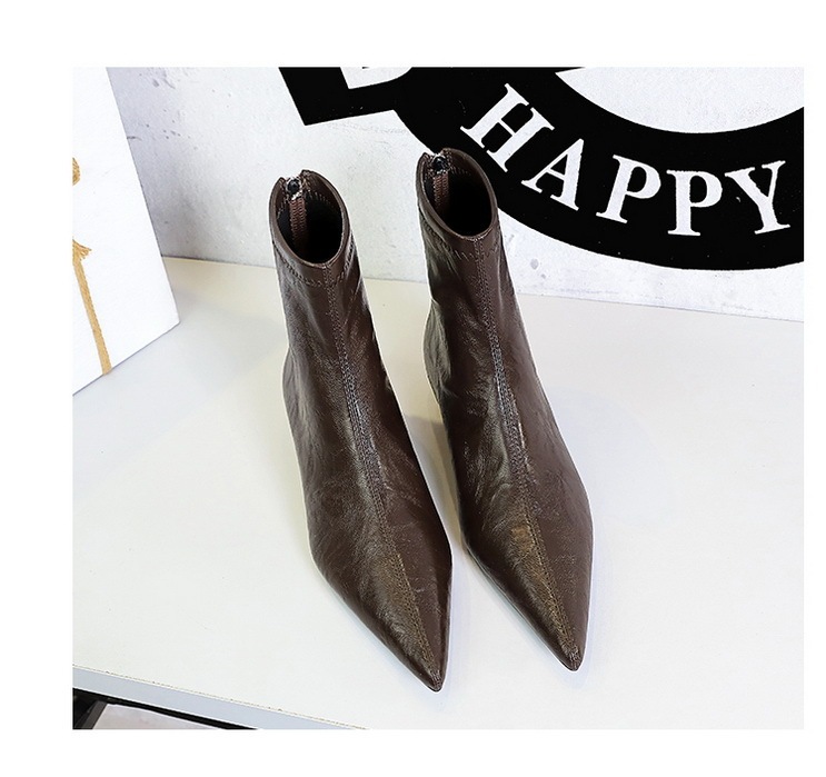 Boot nữ cổ thấp gót vừa khóa kéo sau, mũi nhọn tôn dáng, phong cách cổ điển dễ phối đồ — Lớp lót đơn màu đen, Lớp lót đơn màu nâu sẫm, Lớp lót nhung đen, Nhung màu nâu sẫm