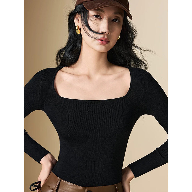 100%美丽诺羊毛方领针织衫修身显瘦薄款长袖上衣气质通勤打底衫女