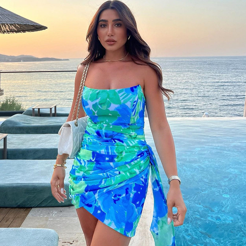 Off Shoulder Ruched Bodycon Dress Floral Print Color Block Vacation Style Wholesale Womens Fashion Apparel