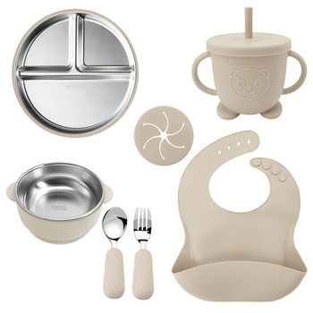 Cross-Border Children's Silicone Stainless Steel Dinner Plate Set with Non-Slip Suction Cup, Easy-To-Clean Three-Compartment Dinner Plate Six-Piece Set