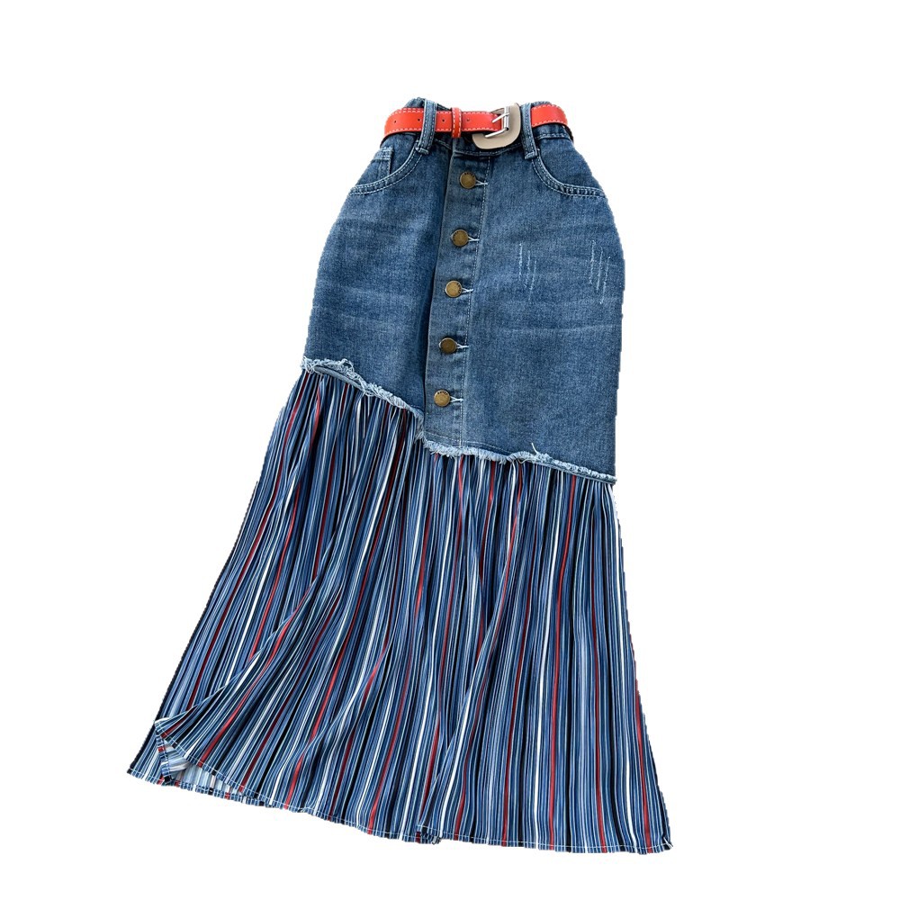 Korean Style Color Block Striped Denim Midi Skirt High Waist A Line Slim Fit Versatile for Work and Casual Wear