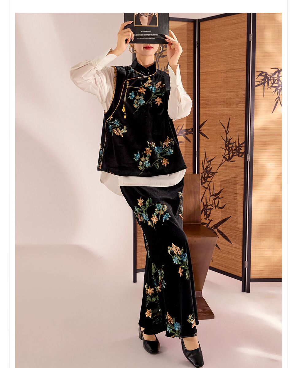 Bộ vest và chân váy dài dáng đuôi cá thêu hoa đính sequin sang trọng — Váy thêu (giao hàng trong 7 ngày), Váy thêu (giao hàng trong ngày), Áo vest thêu (giao hàng trong 7 ngày), Áo vest thêu (giao hàng trong ngày)