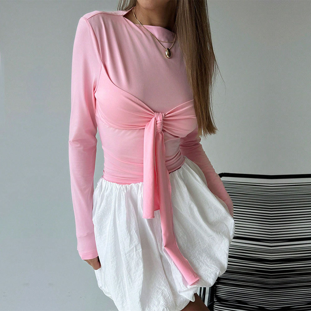 Womens Sweet and Sexy Knot Front T Shirt Slim Fit Long Sleeve Spring Summer Pink Top Wholesale Available