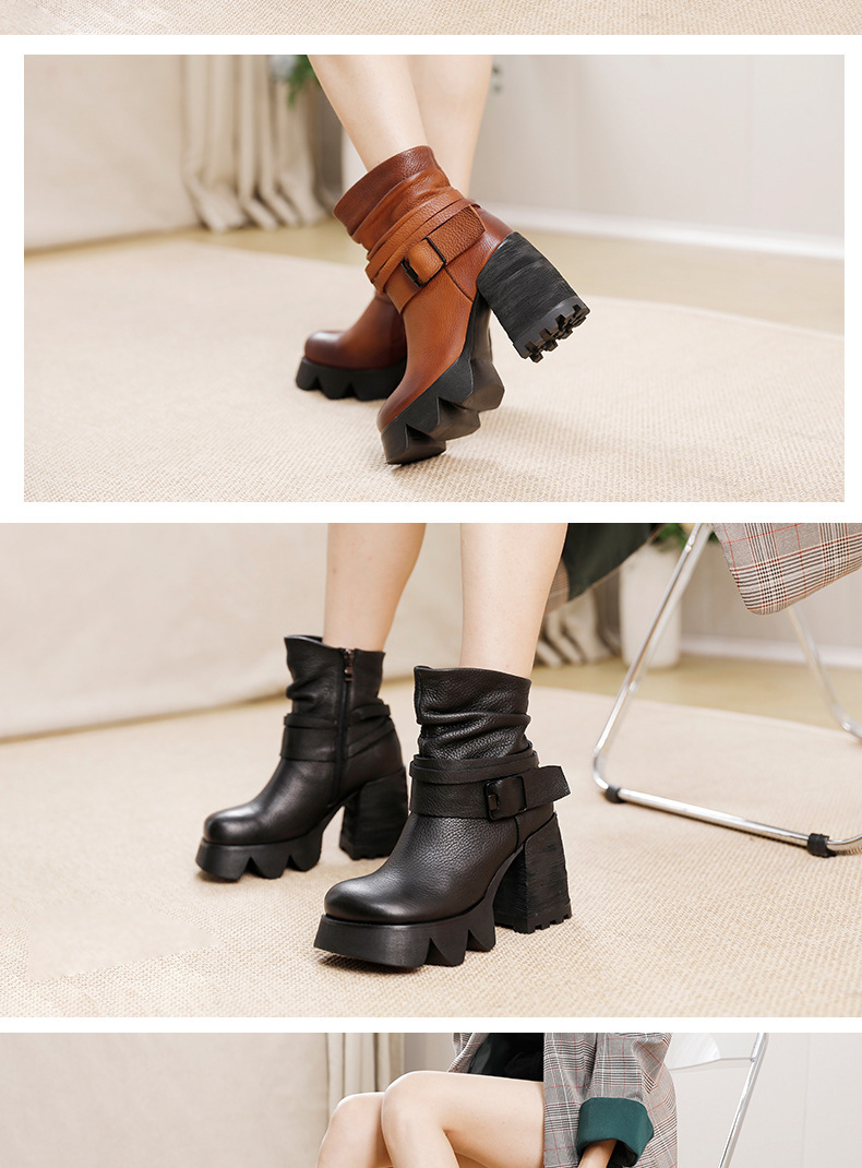 Boot nữ da bò thật gót thô cao cổ ôm bắp chân khóa kéo bên — Màu đen, Màu nâu đậm