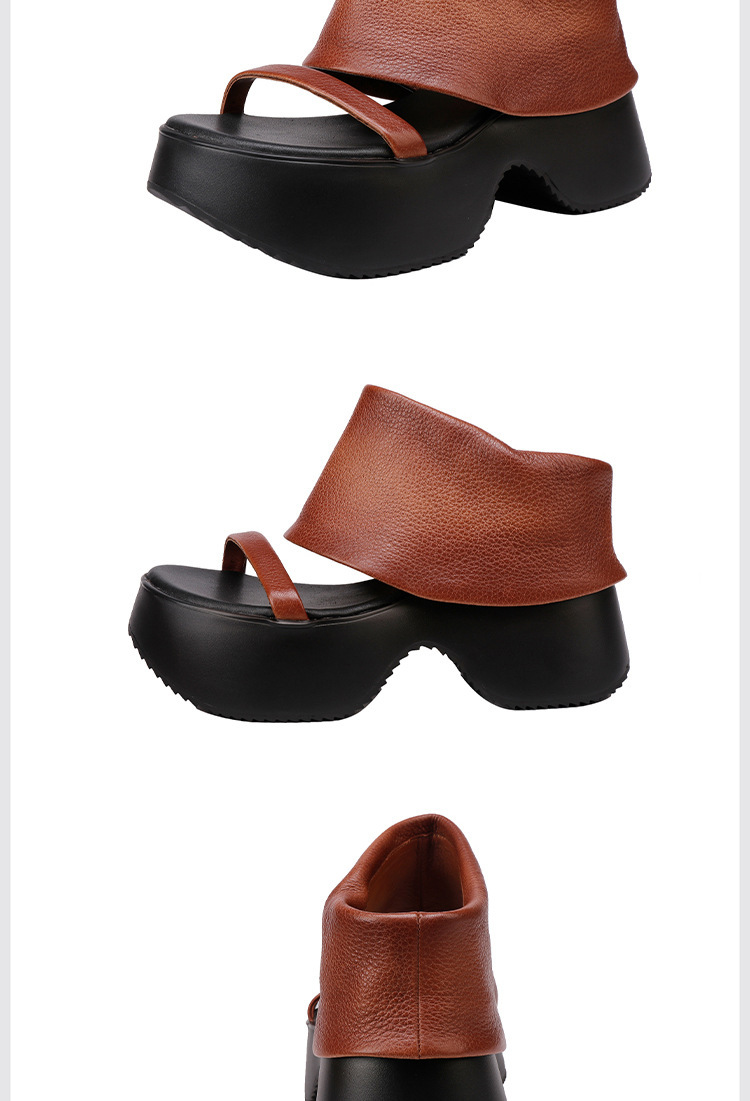 Sandal La Mã nữ da bò thật đế dày gót cao thoải mái — màu đen, Màu nâu