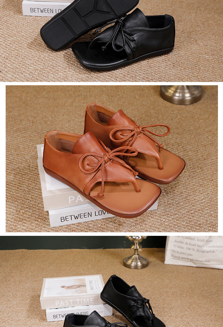 Sandal nữ quai ngang kẹp ngón bít gót đế bằng da bò — màu đen, Màu nâu