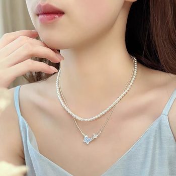 Fashion Blue Double Butterfly Necklace Women's 2024 New Explosive Exquisite All-match Necklace Elegant Pendant Collarbone Chain