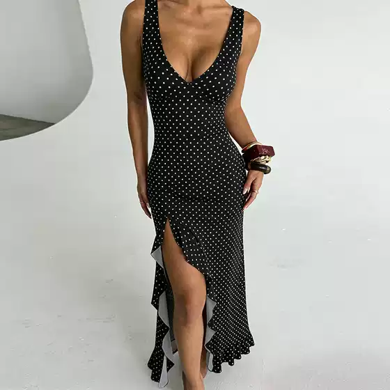 Zm26012 European and American Cross-Border 2026 Summer New Style Elegant Deep V-Neck Slit Ruffle Polka Dot Dress