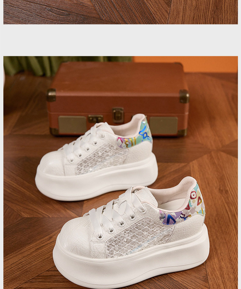 Giày sneaker nữ chunky đế dày màu trắng, phối dây buộc, form thể thao — Hũ trắng vàng, Bột trắng chi tiết 17