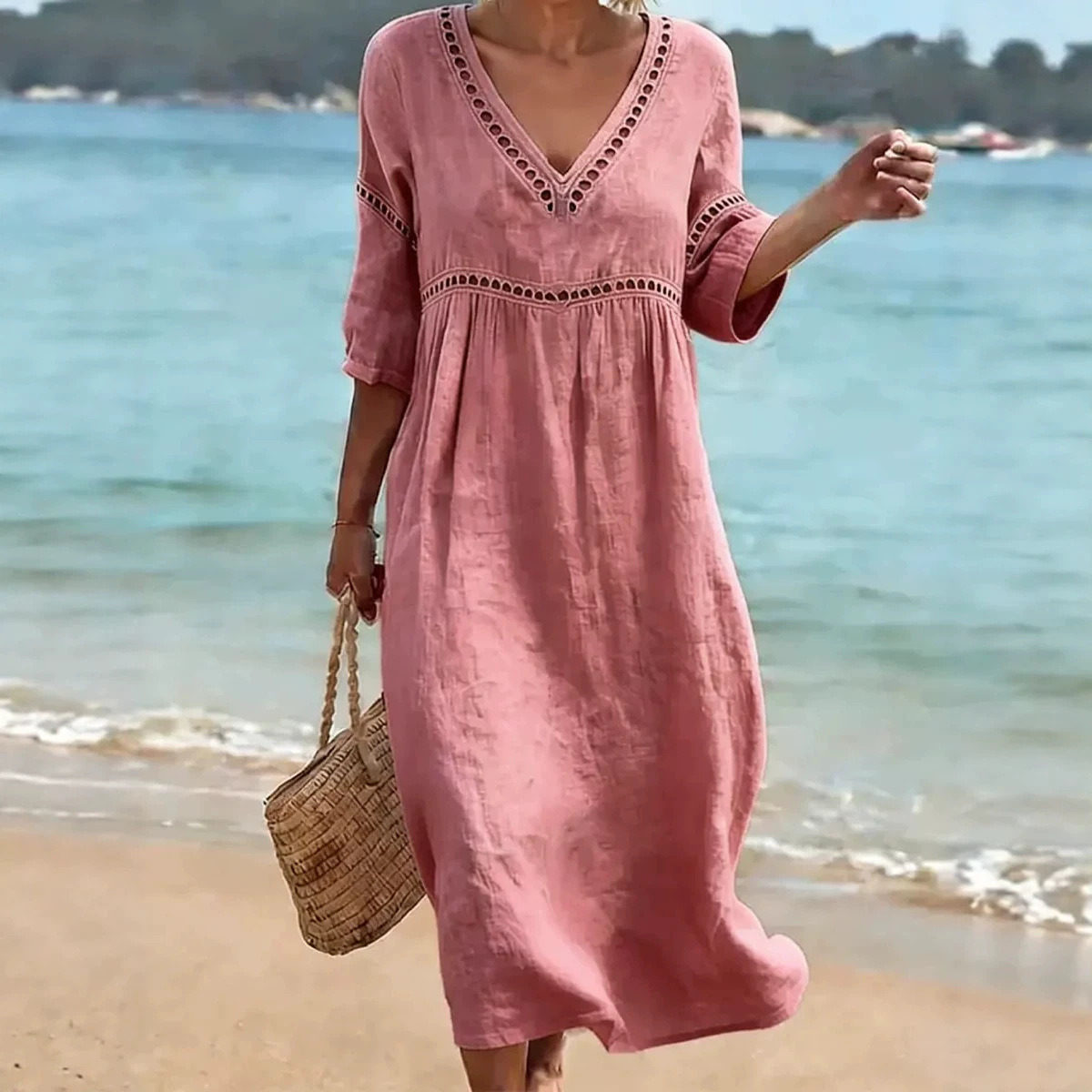 Summer Casual V Neck Dress Loose Fit Solid Color Vacation Style Wholesale Available low MOQ customizable