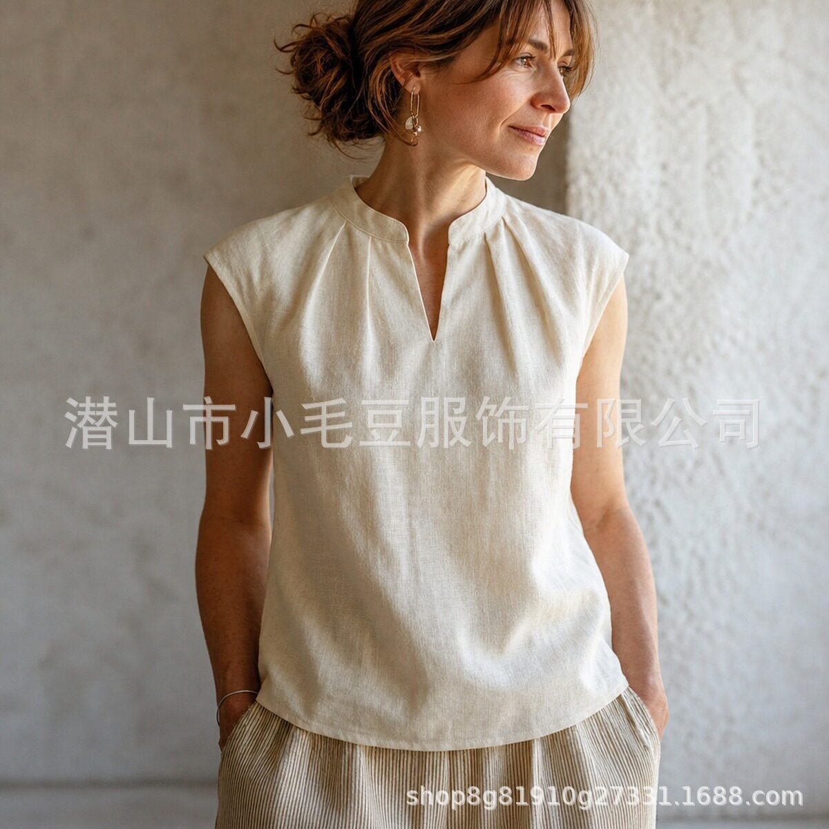 Womens Summer Sleeveless T Shirt Light Beige Linen Pleated Loose Fit Small Stand Collar Casual Style Wholesale