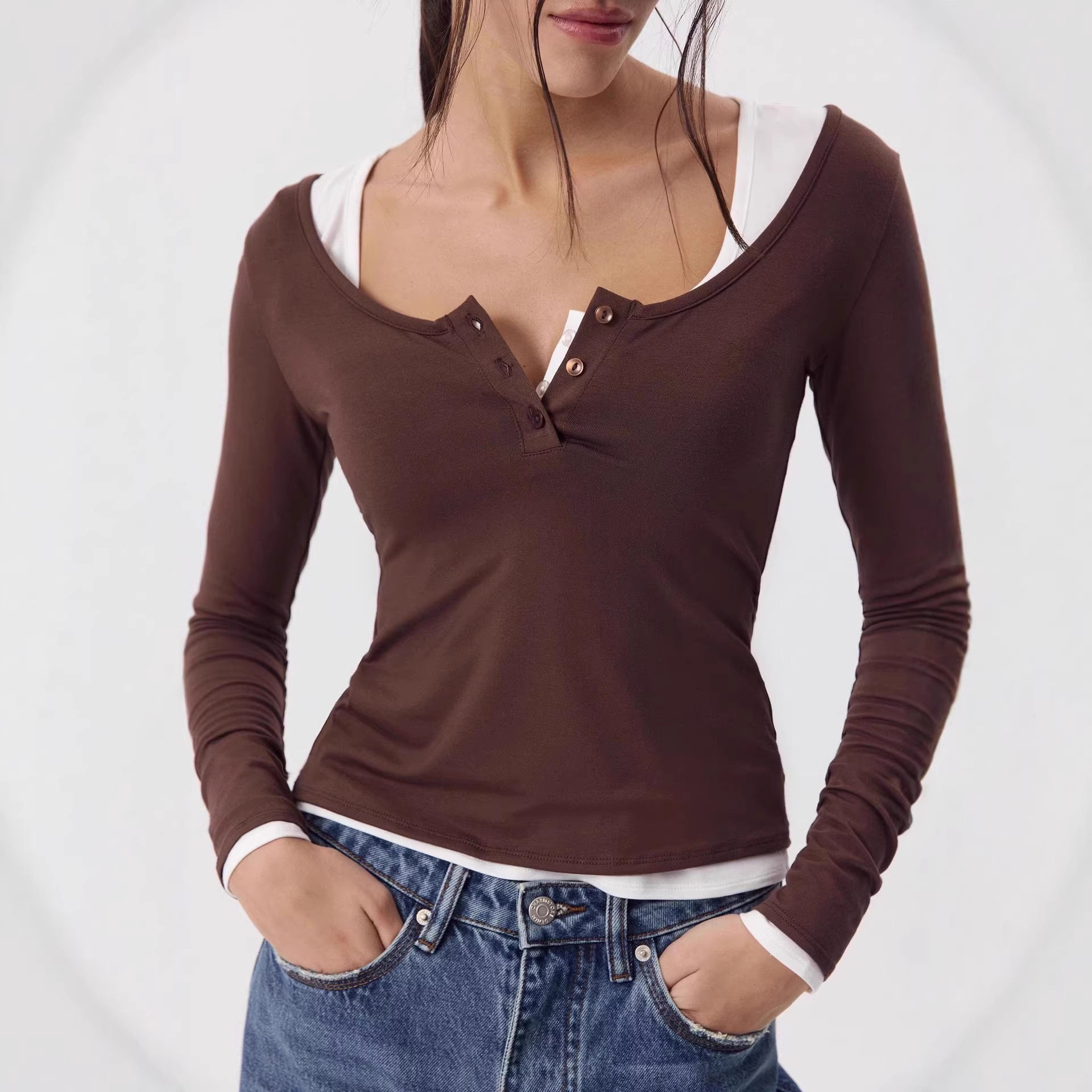 Modal Knit Long Sleeve Womens T Shirt Slim Fit U Neck Button Detail Casual Wear Spring Fall Wholesale Available