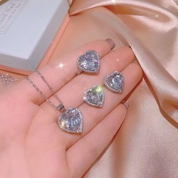 Love Zircon Necklace Ring Earrings Three-piece Set suit Live Selling Light Luxury Fashionable Texturing Necklace