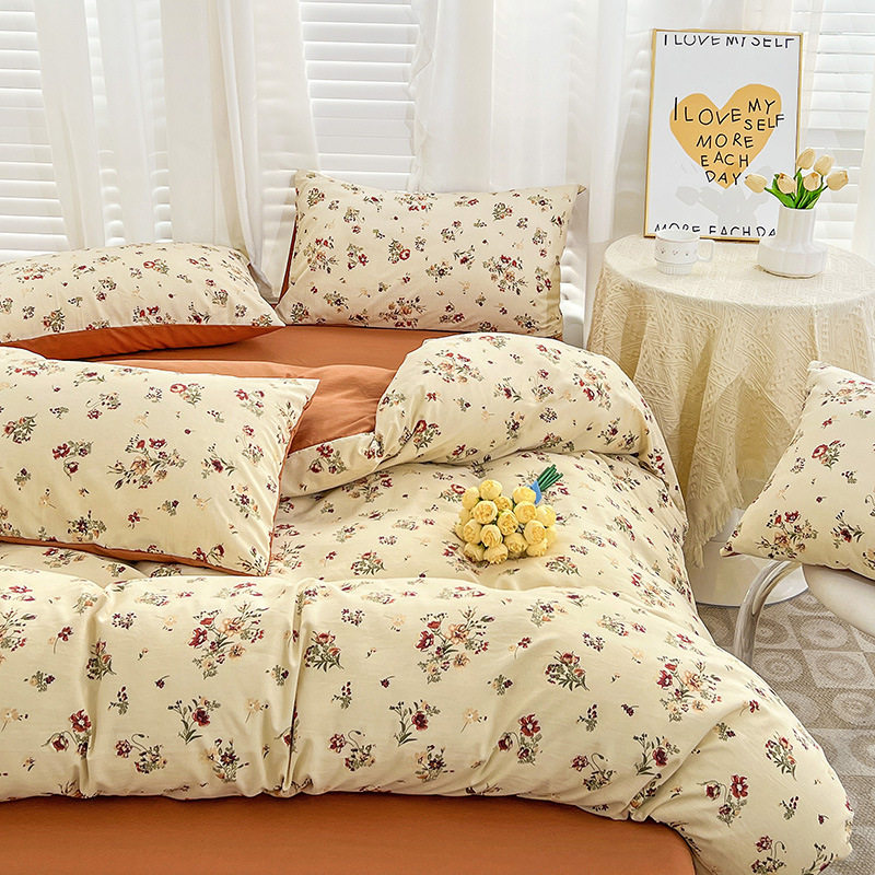 Category a Maternal and Infant Grade Double-Layer Yarn Cotton and Linen Washed Cotton Four-Piece Set French Small Floral Quilt Cover Three-Piece Bed Bed Sheets Set