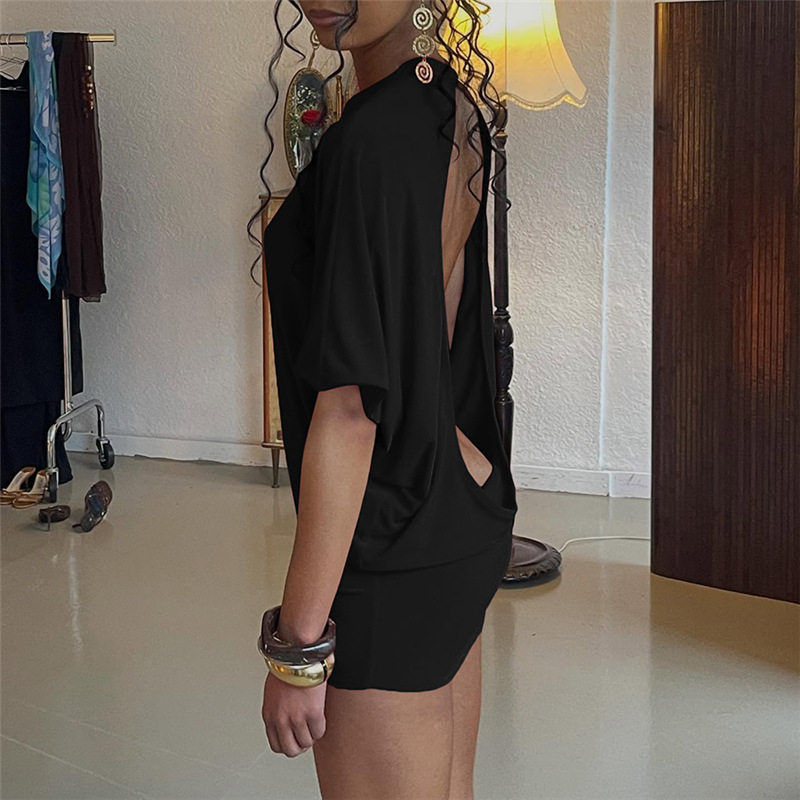 Summer Womens Dress Fashionable Sexy Short Sleeve Round Neck Solid Color Backless Bodycon Style Wholesale