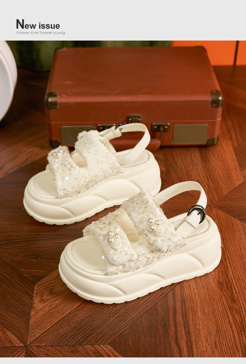 Dép sandal nữ xỏ ngón đế bệt quai Velcro phong cách biển — Đen, Bạc, Len nguyên chất chi tiết 12