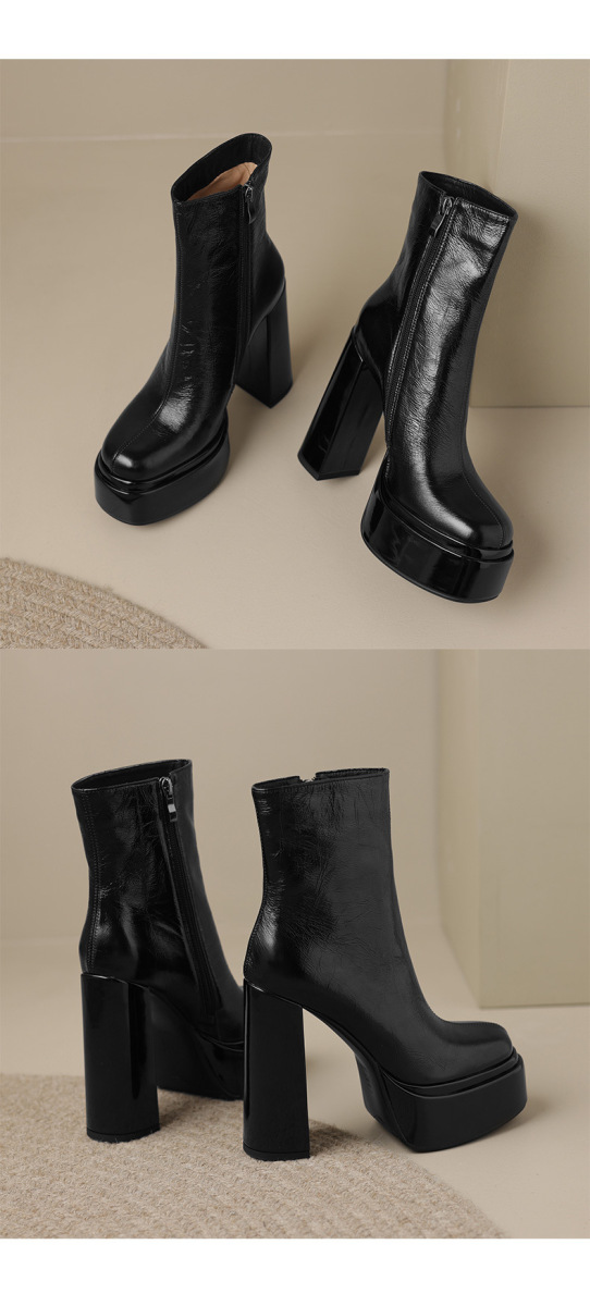 Boot nữ cổ ngắn gót thô 13,5cm mũi tròn có khóa kéo bên hông — Lớp lót đơn màu bạc, Lớp lót đơn màu đen, Lót đơn màu trắng, Lót nhung đen