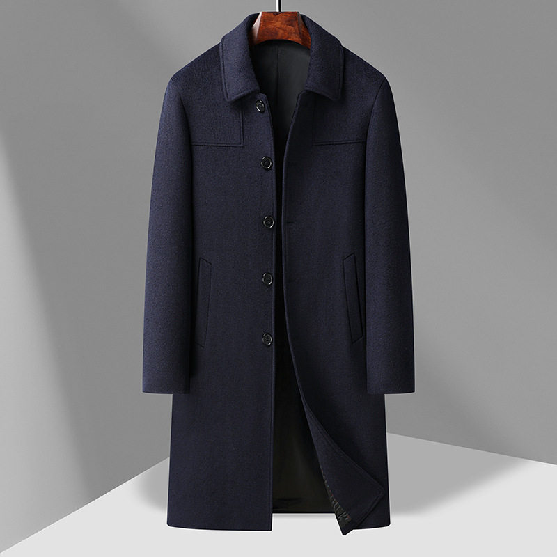 Áo Khoác Dạ Nam Dáng Dài Cổ Bẻ Lót Lông Cừu Cashmere Màu Đen, Xám, Xanh Navy